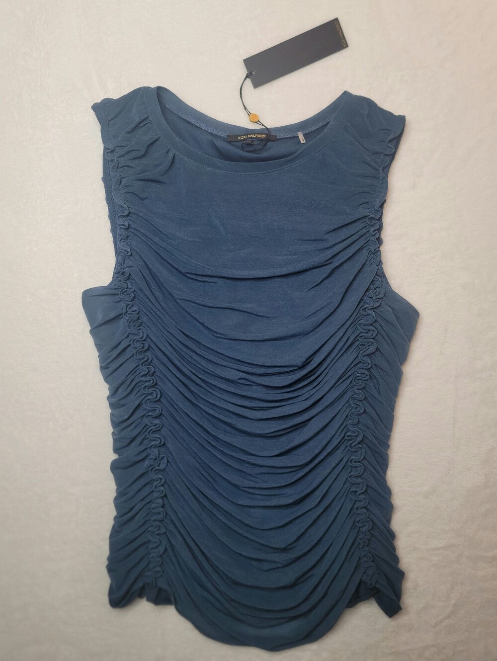 NWT Kobi Halperin Sariyah Shirred Sleeveless Top Sz Lrg Faded Lapis Ruched Top - Picture 2 of 15